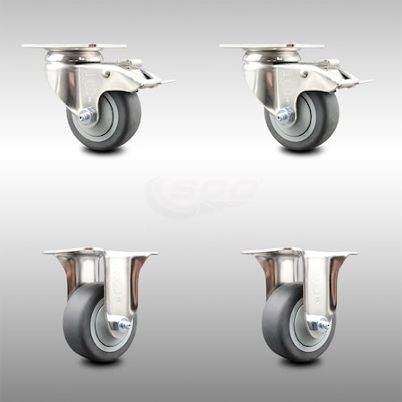 Service Caster 3.5 Inch 316SS Thermoplastic Rubber Swivel Plate Caster Lock Brake 2 Rigid, 2PK SCC-SS316TTL20S3514-TPRB-2-R-2